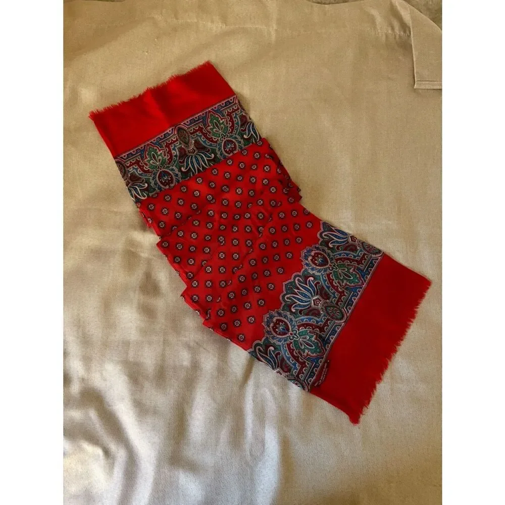 Vintage Men’s Swiss Wool Scarf Red Paisley Fringe